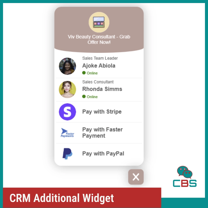 CRM widget with payment options and consultants
