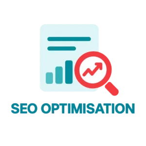 SEO optimisation icon with rising chart and magnifying glass