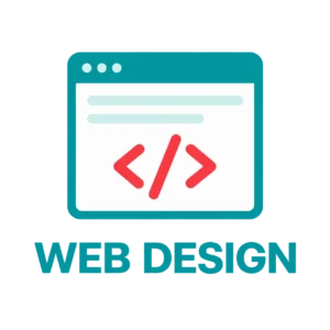 Web design browser window with coding symbols