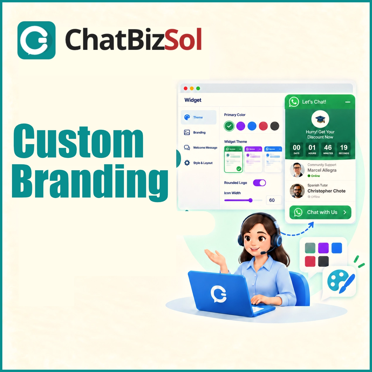 ChatBizSol custom branding and chat widget illustration