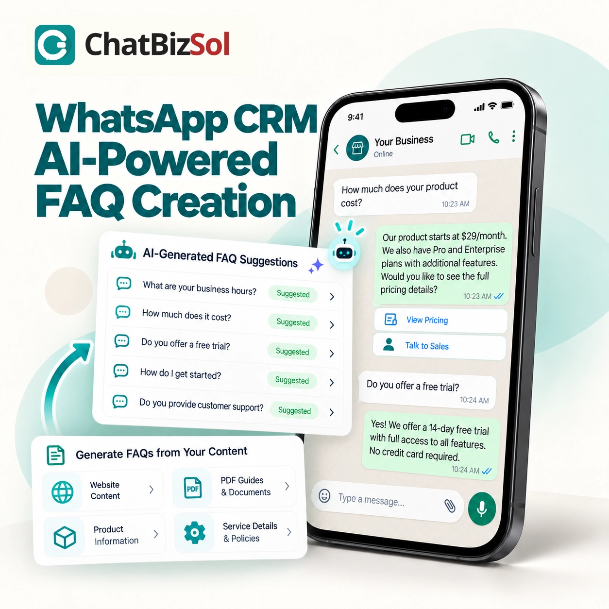 ChatBizSol WhatsApp CRM with AI-generated FAQ suggestions