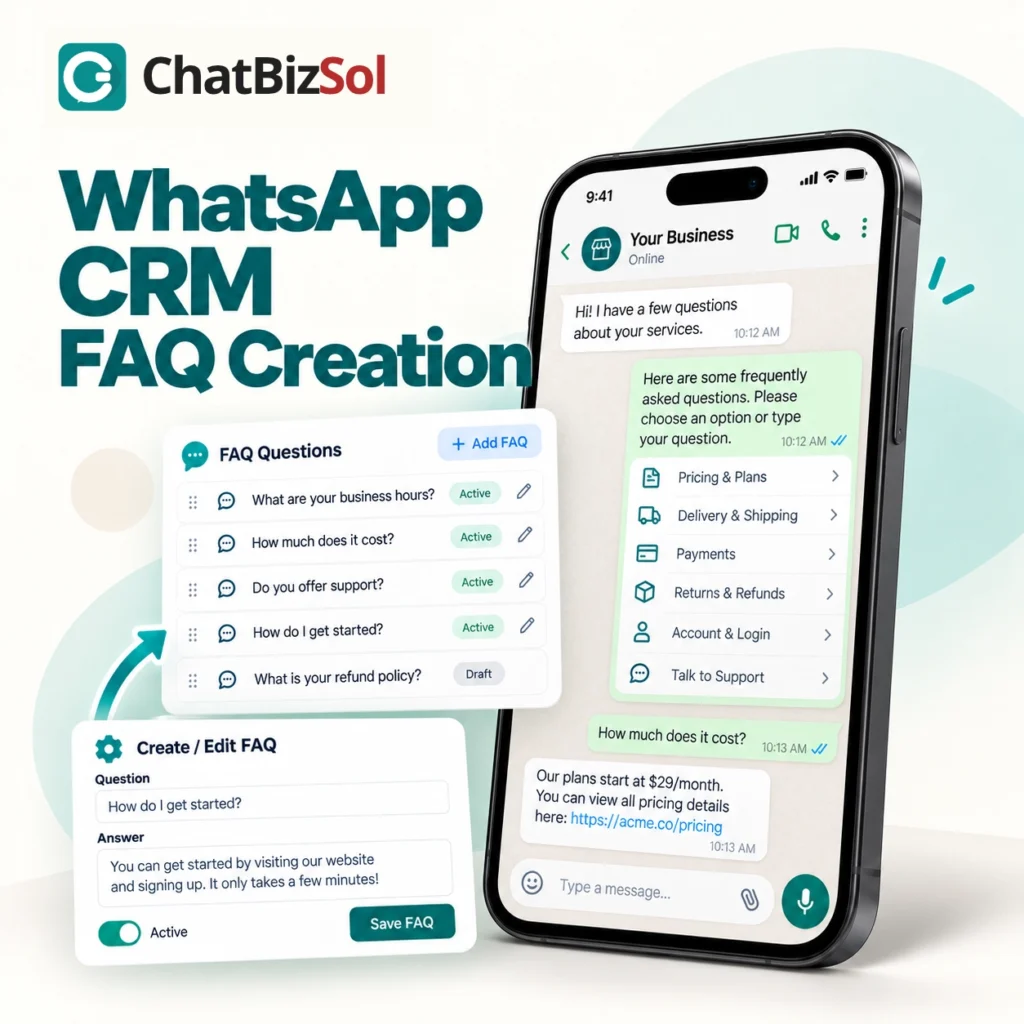 WhatsApp CRM FAQ creation interface with business chat