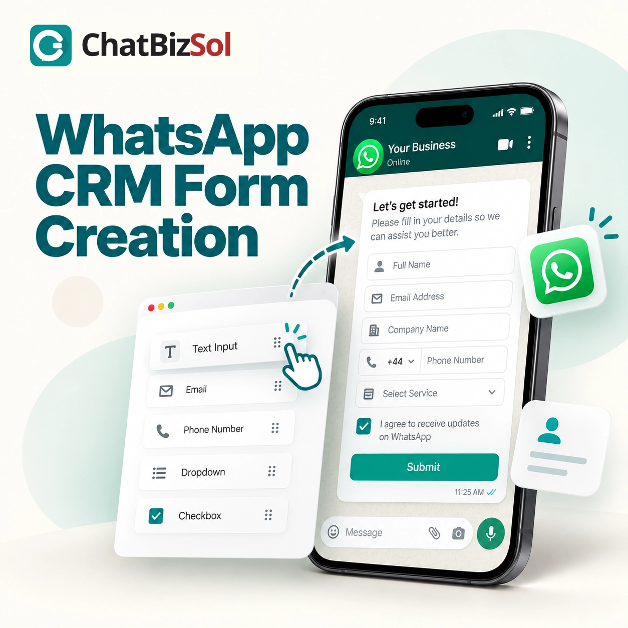 WhatsApp CRM form creation interface on smartphone
