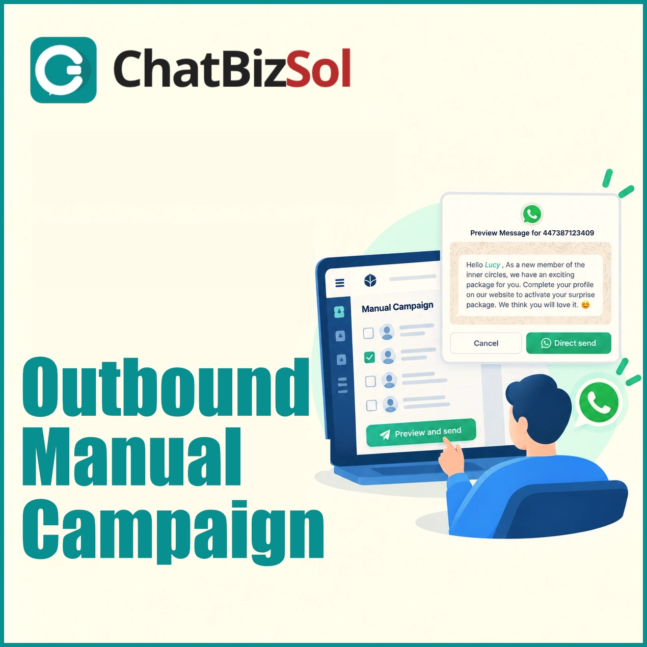 ChatBizSol outbound manual campaign with WhatsApp message preview