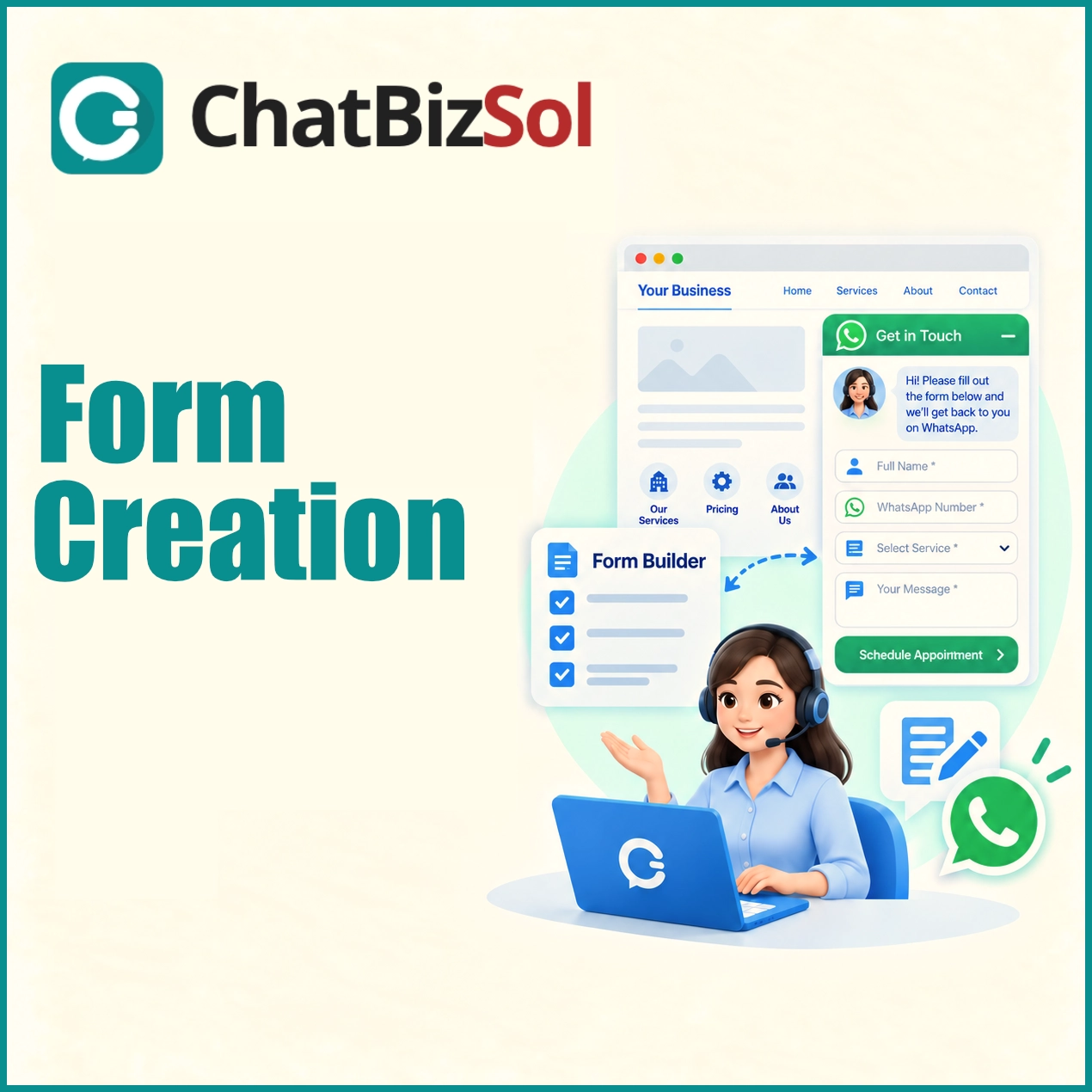 ChatBizSol form creation graphic with WhatsApp contact form